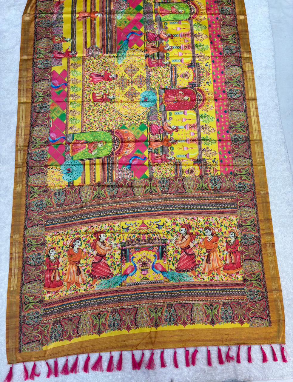 Munga silk saree with kalamkari printed work and zari border