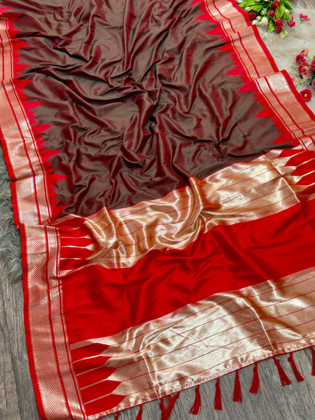 Ikkat temple border banarasi silk saree with zari weaving work