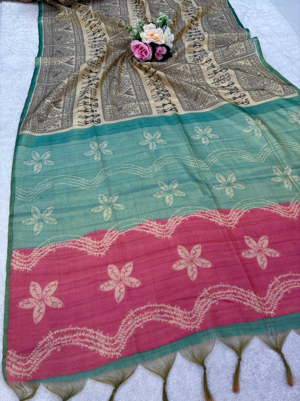 Soft tissue tussar silk saree with warli printed work