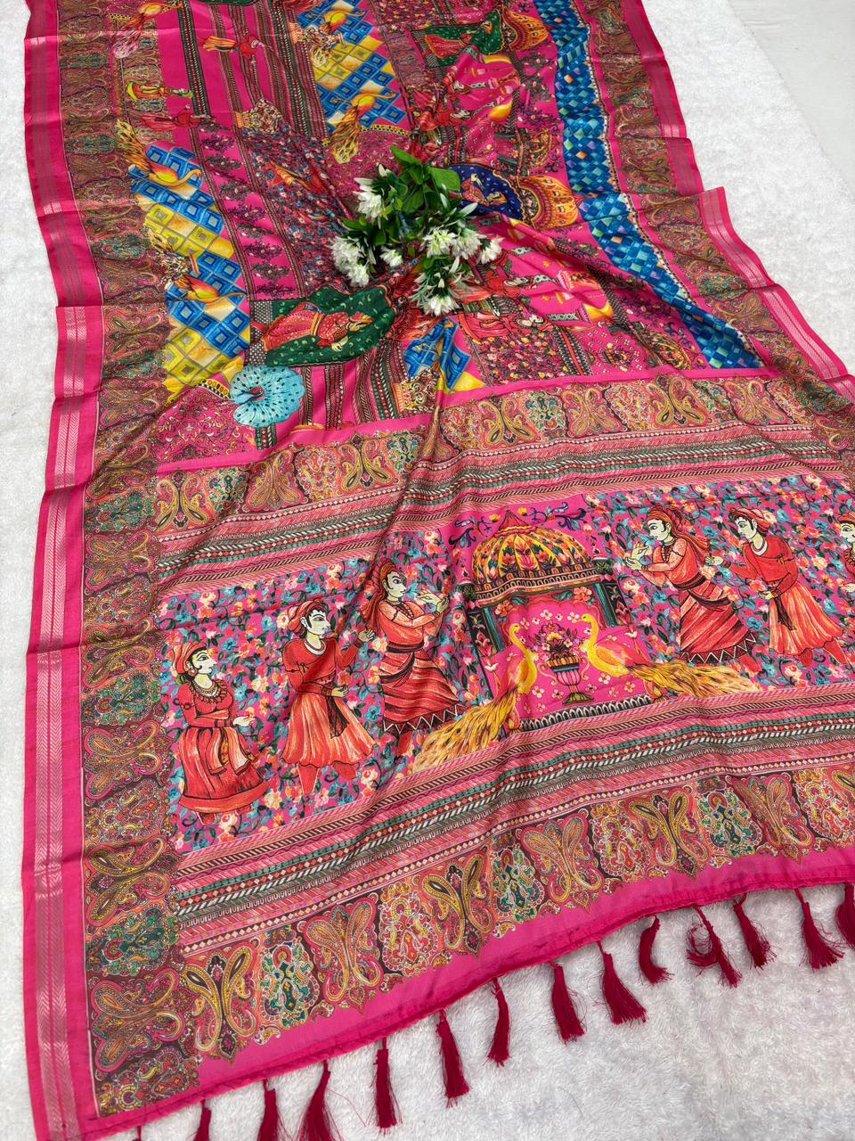 Munga silk saree with kalamkari printed work and zari border