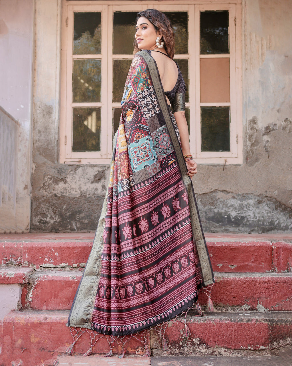 Digital Kalamkari printed tussar silk saree with zari motif border