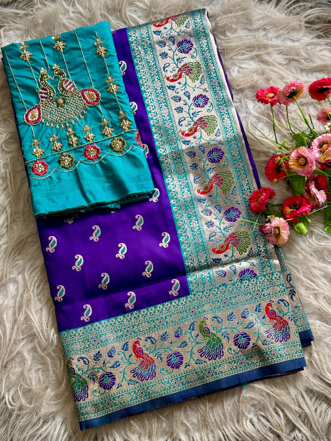 Premium paithani silk saree with handwork aari work blouse