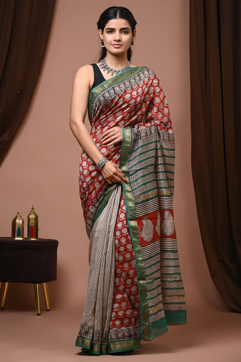 Multi color pure maheswari silk saree with pure hand block printed work