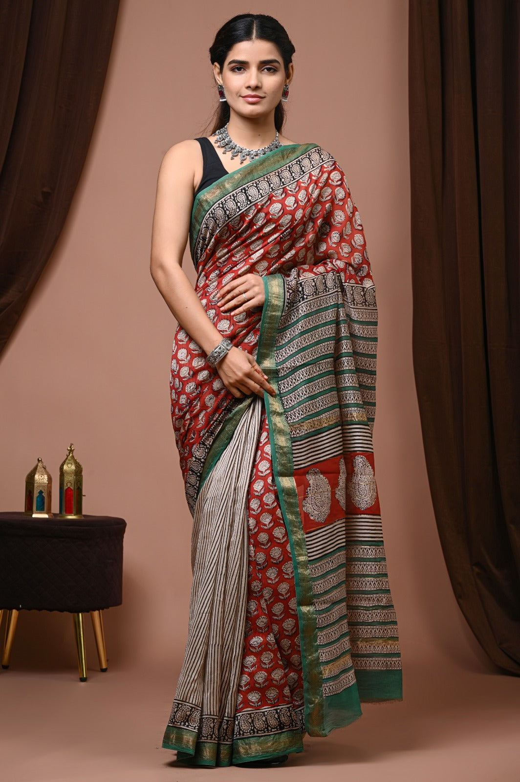 Multi color pure maheswari silk saree with pure hand block printed work