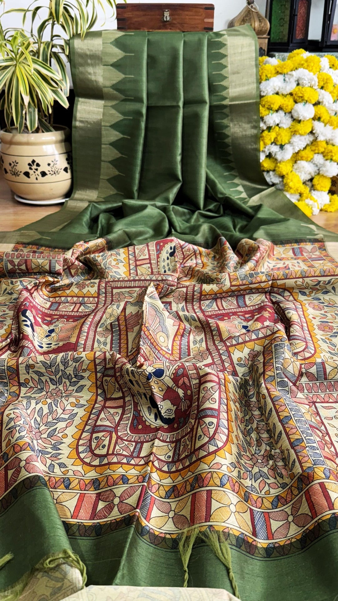 Traditional madhubani printed soft tussar silk saree