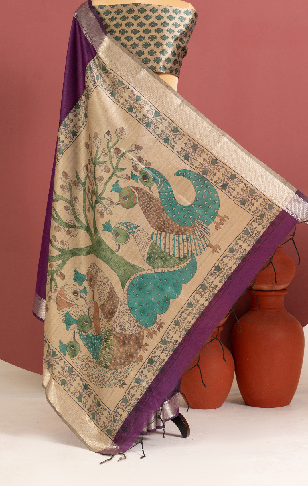 Khadi raw silk saree with kalamkari printed work