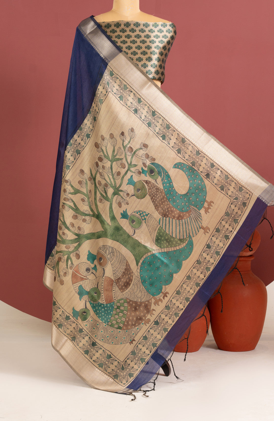 Khadi raw silk saree with kalamkari printed work