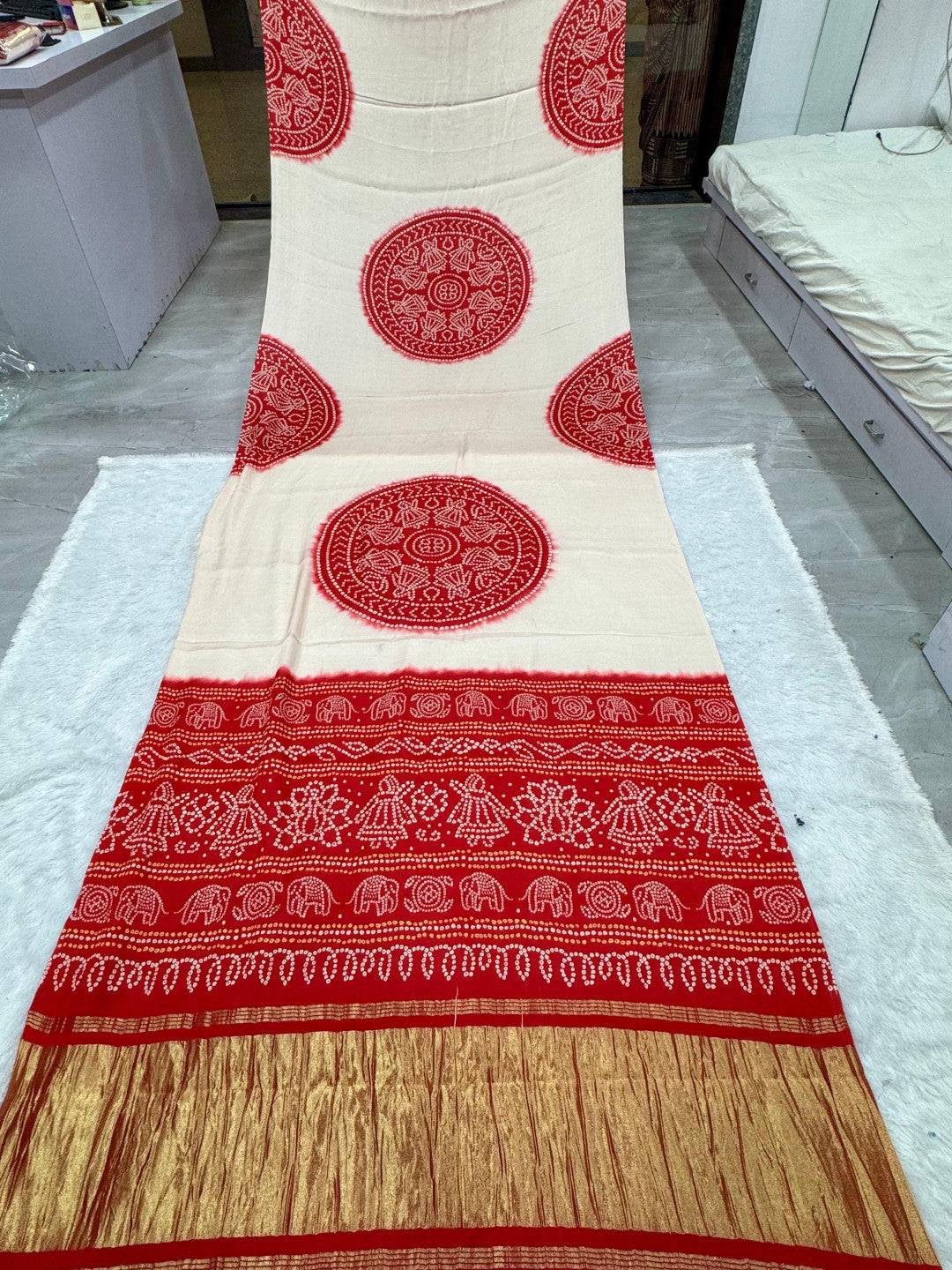 Multi color pure gajji silk saree with bandhej print and lagadi pallu work