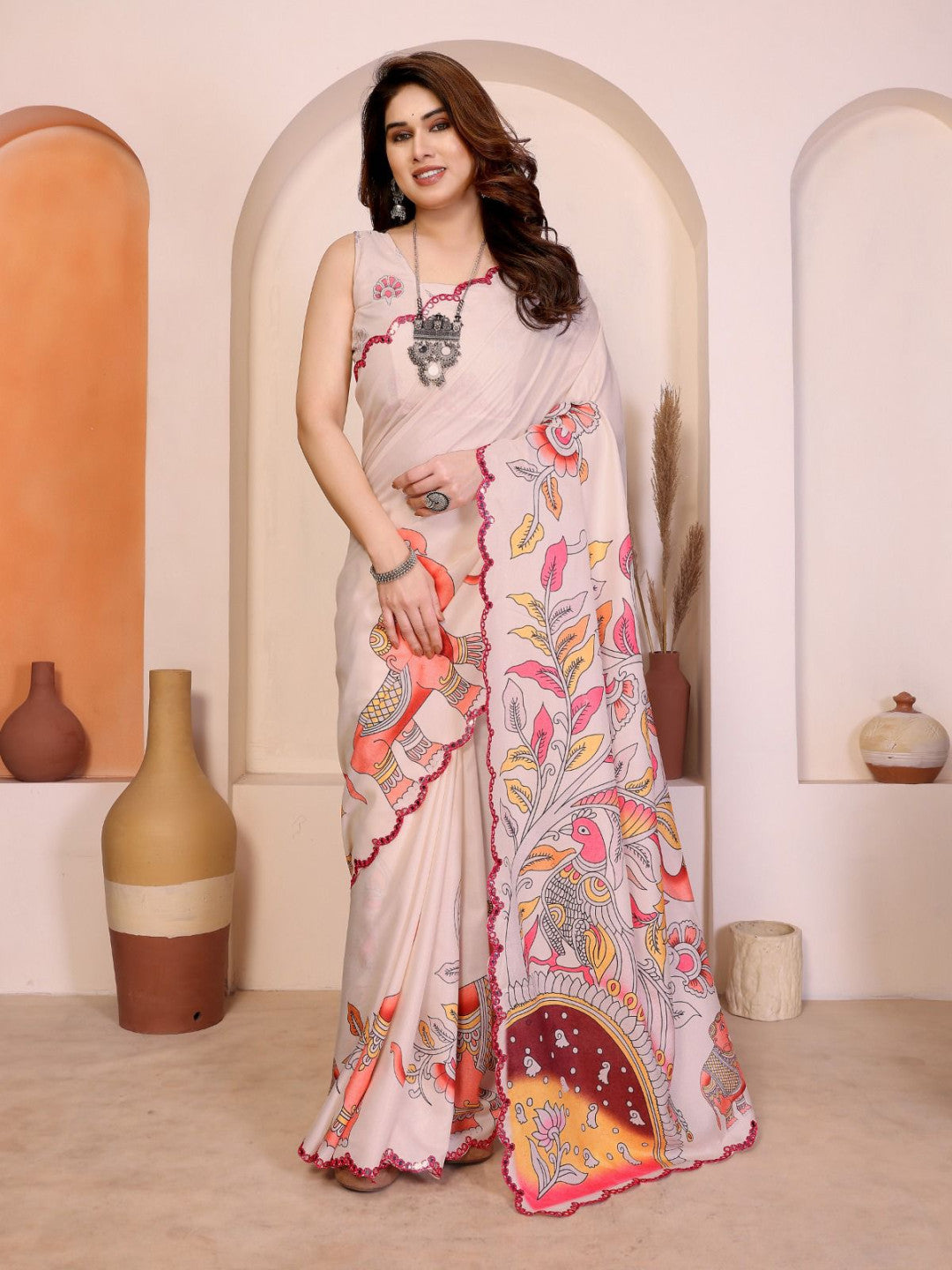 Manipuram silk saree with kalamkari digital printed work