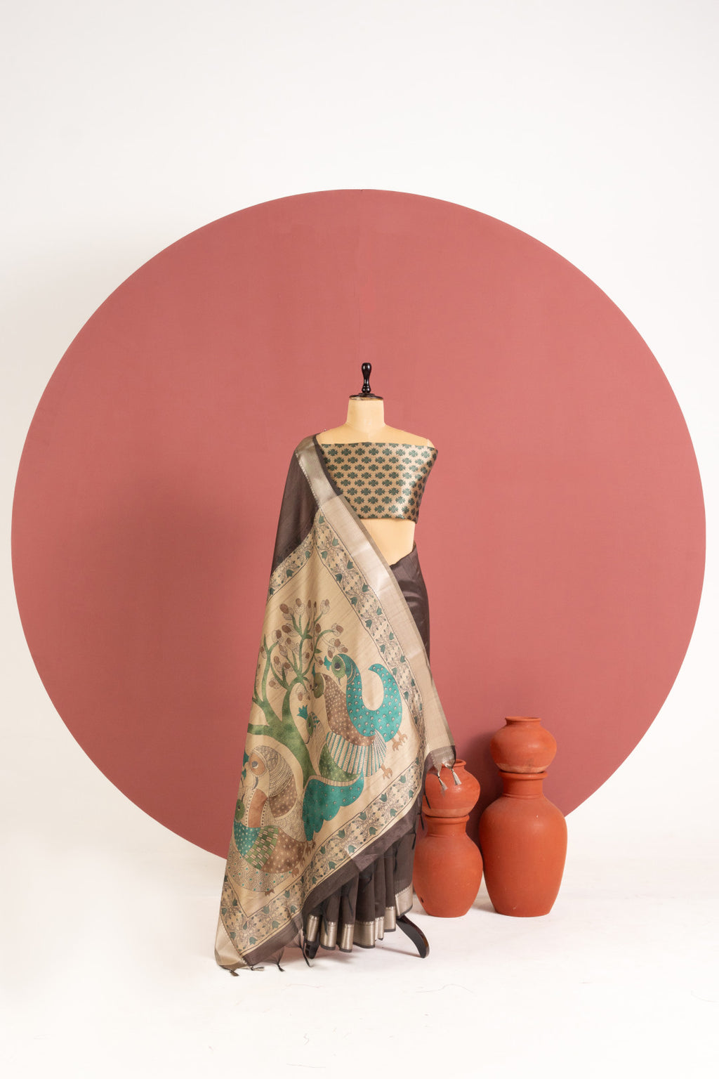Khadi raw silk saree with kalamkari printed work