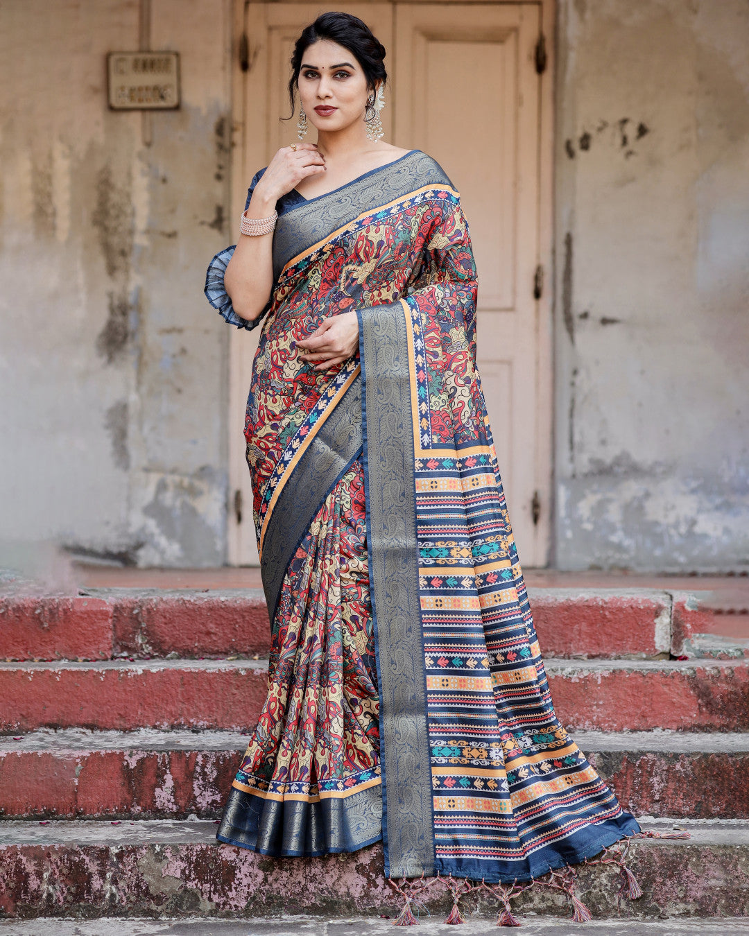 Digital Kalamkari printed tussar silk saree with zari motif border