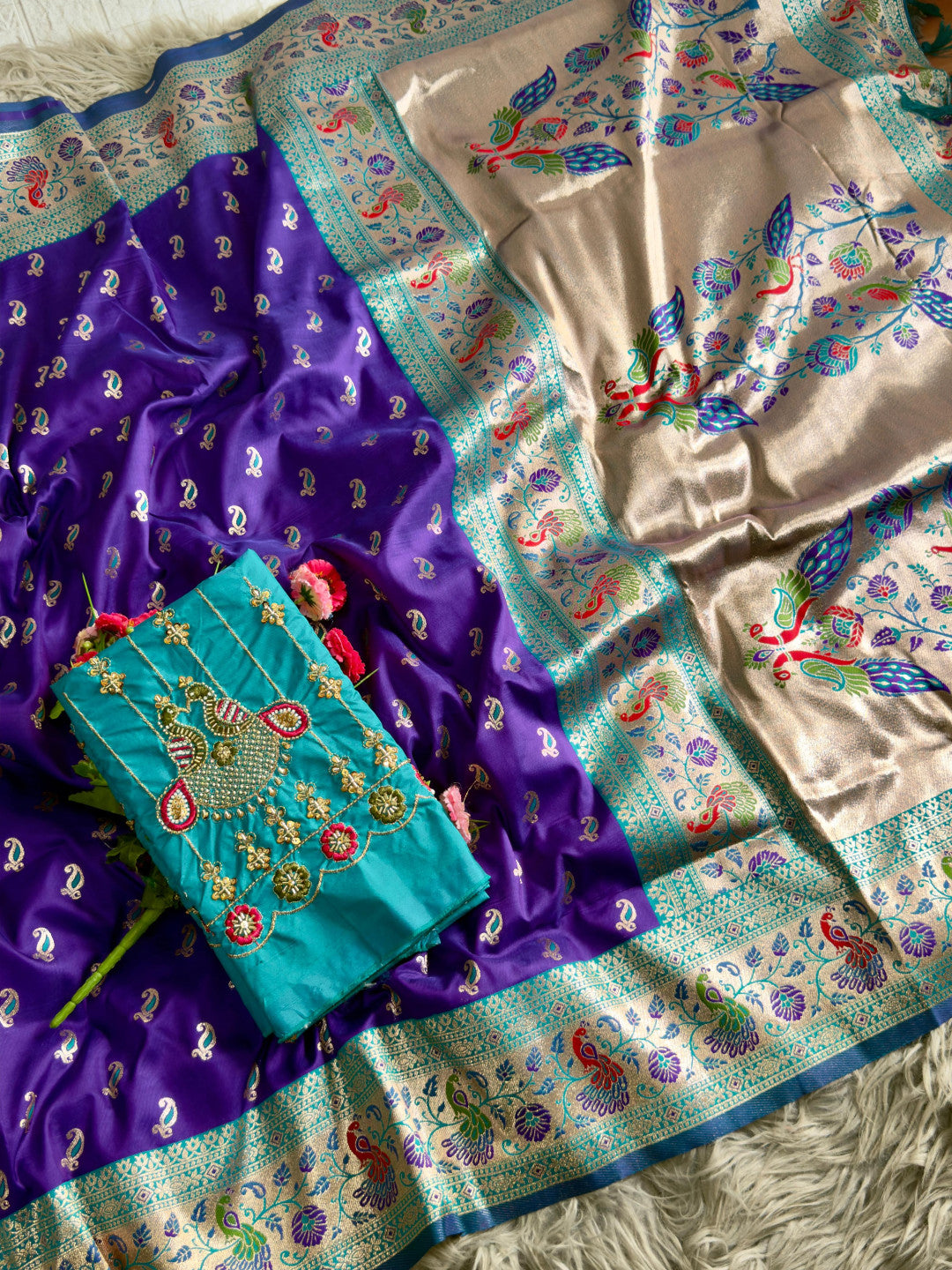 Premium paithani silk saree with handwork aari work blouse