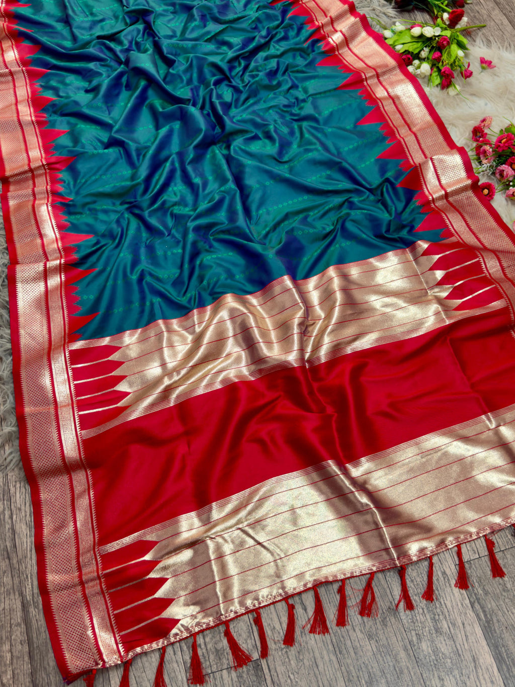 Ikkat temple border banarasi silk saree with zari weaving work