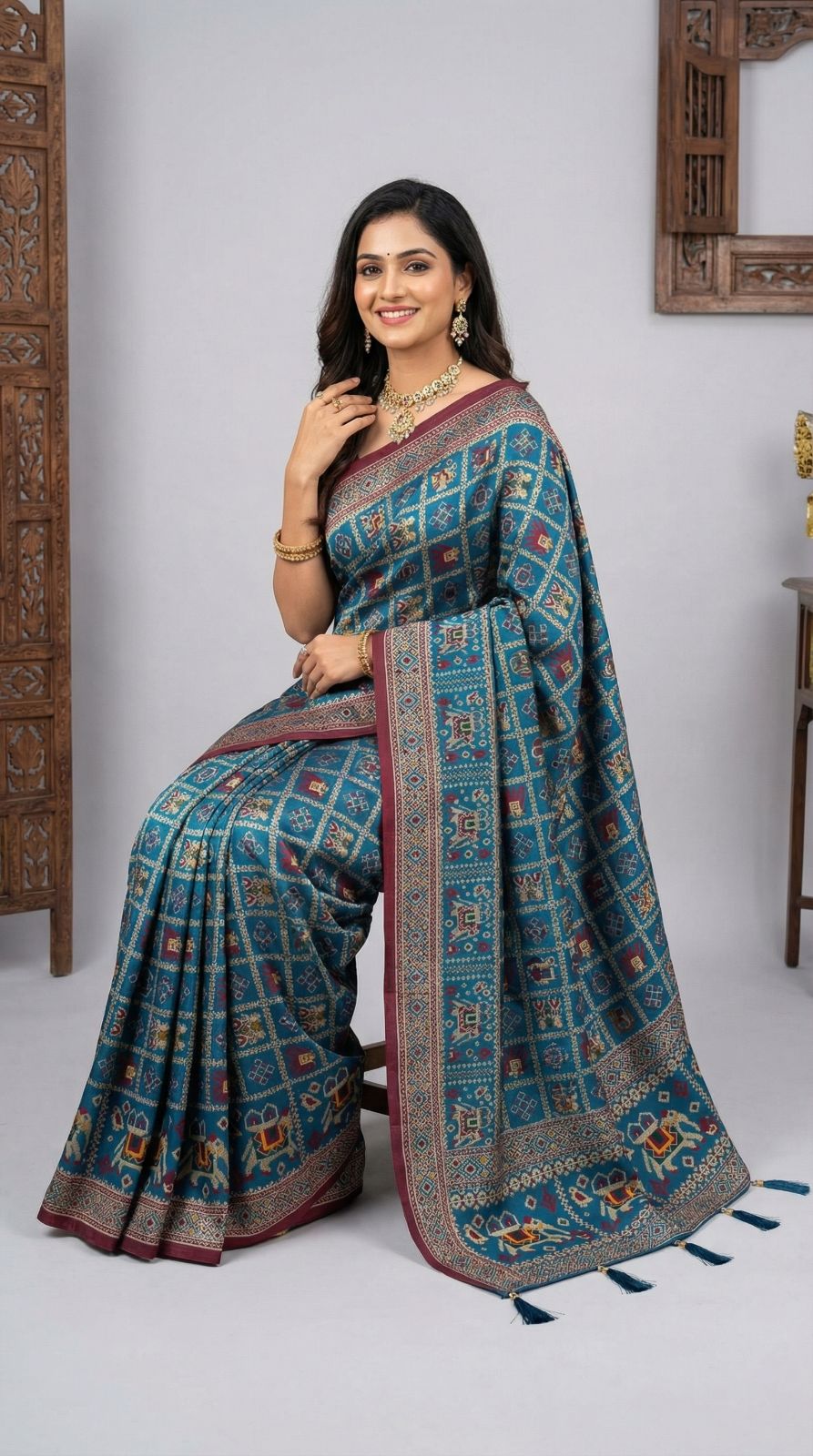 Traditional patola silk saree with meenakari zari weaving work
