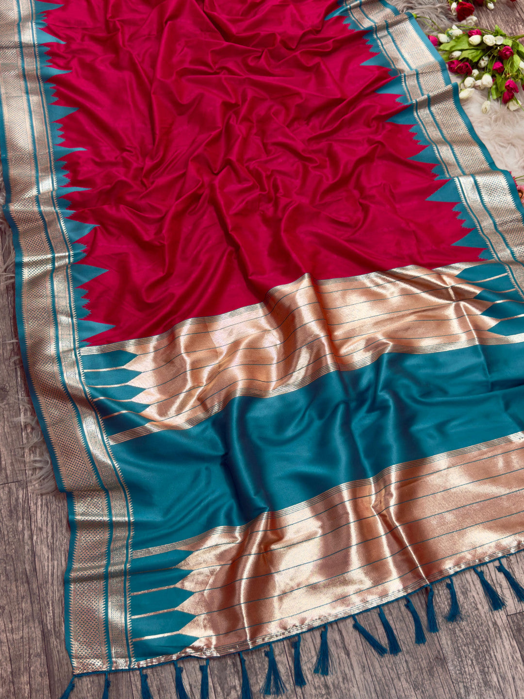 Ikkat temple border banarasi silk saree with zari weaving work