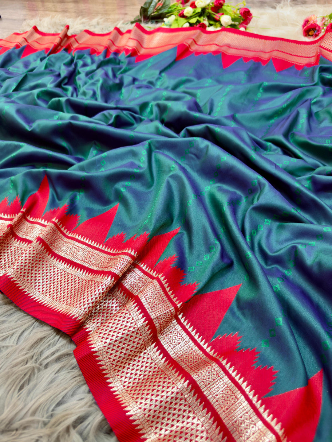 Ikkat temple border banarasi silk saree with zari weaving work