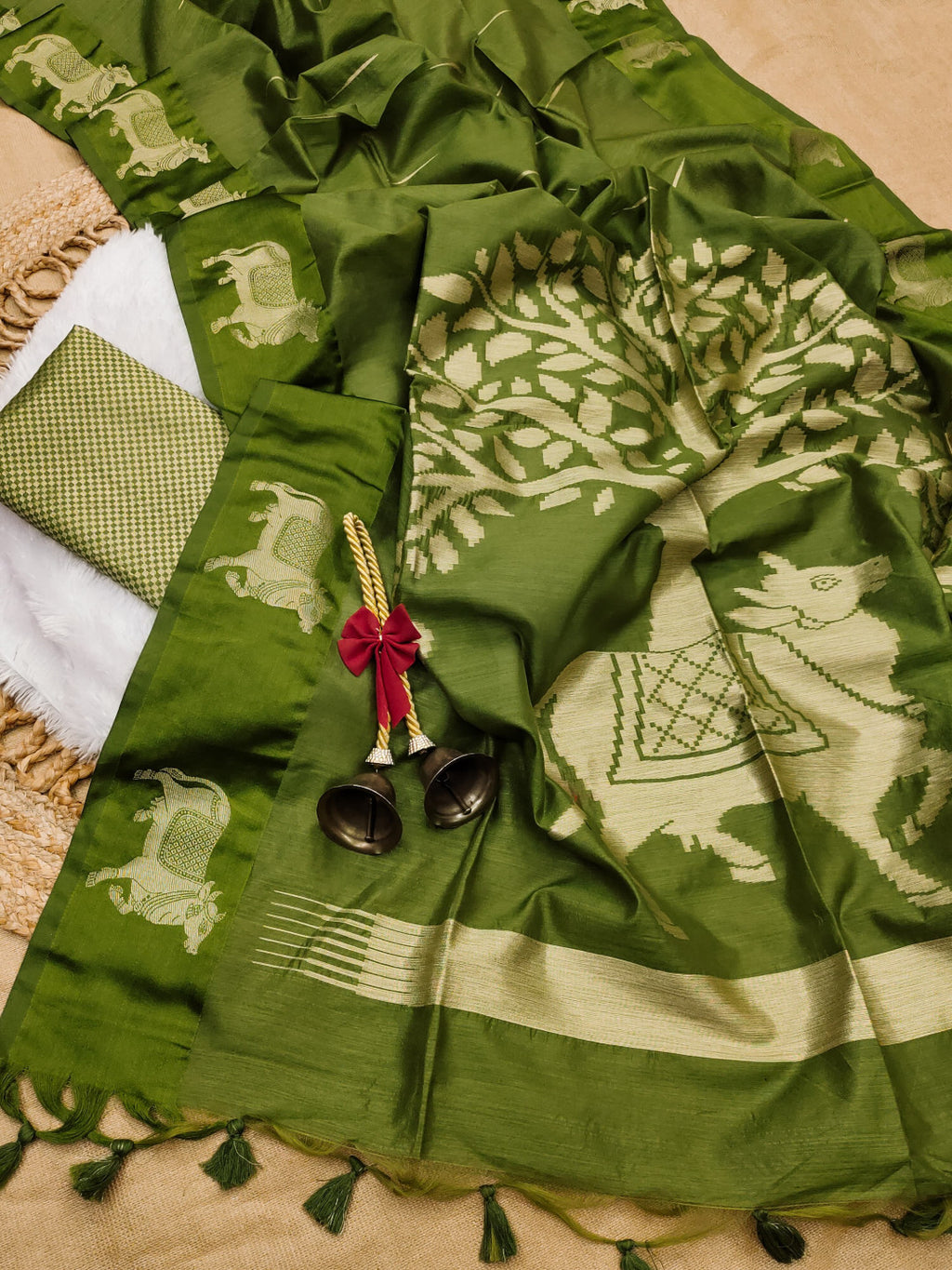 Khadi raw silk saree with zari weaving cow pallu and border