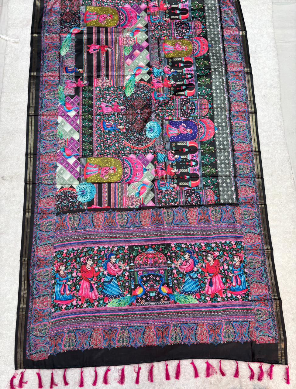Munga silk saree with kalamkari printed work and zari border