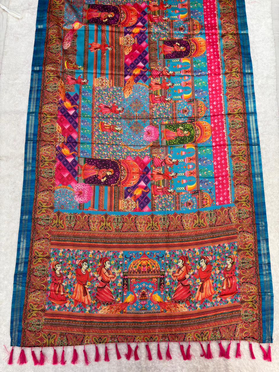 Munga silk saree with kalamkari printed work and zari border