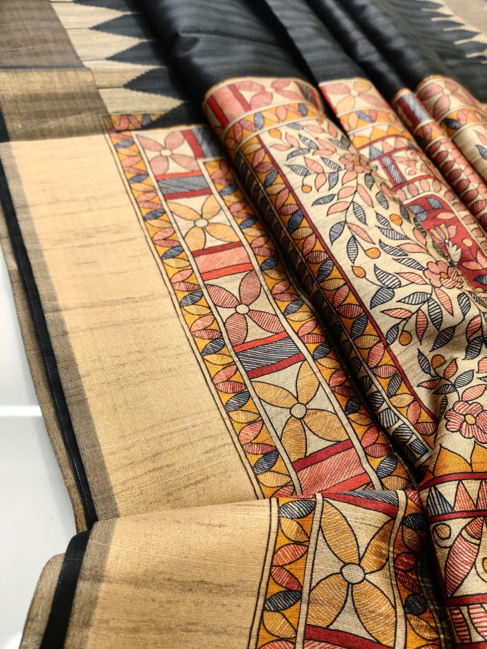 Traditional madhubani printed soft tussar silk saree