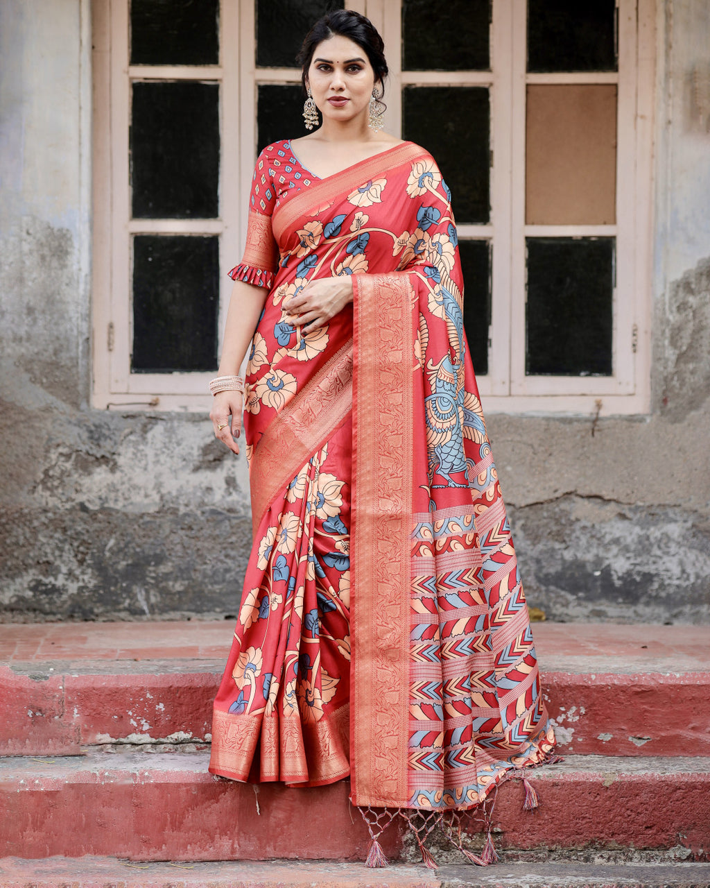 Digital Kalamkari printed tussar silk saree with zari motif border