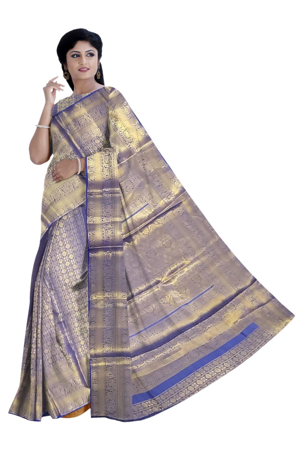Dual Shade Blue & Golden Banarasi Brocade Saree . This elegant Sari is handmade and authentic . Perfect for weddings and celebrations
