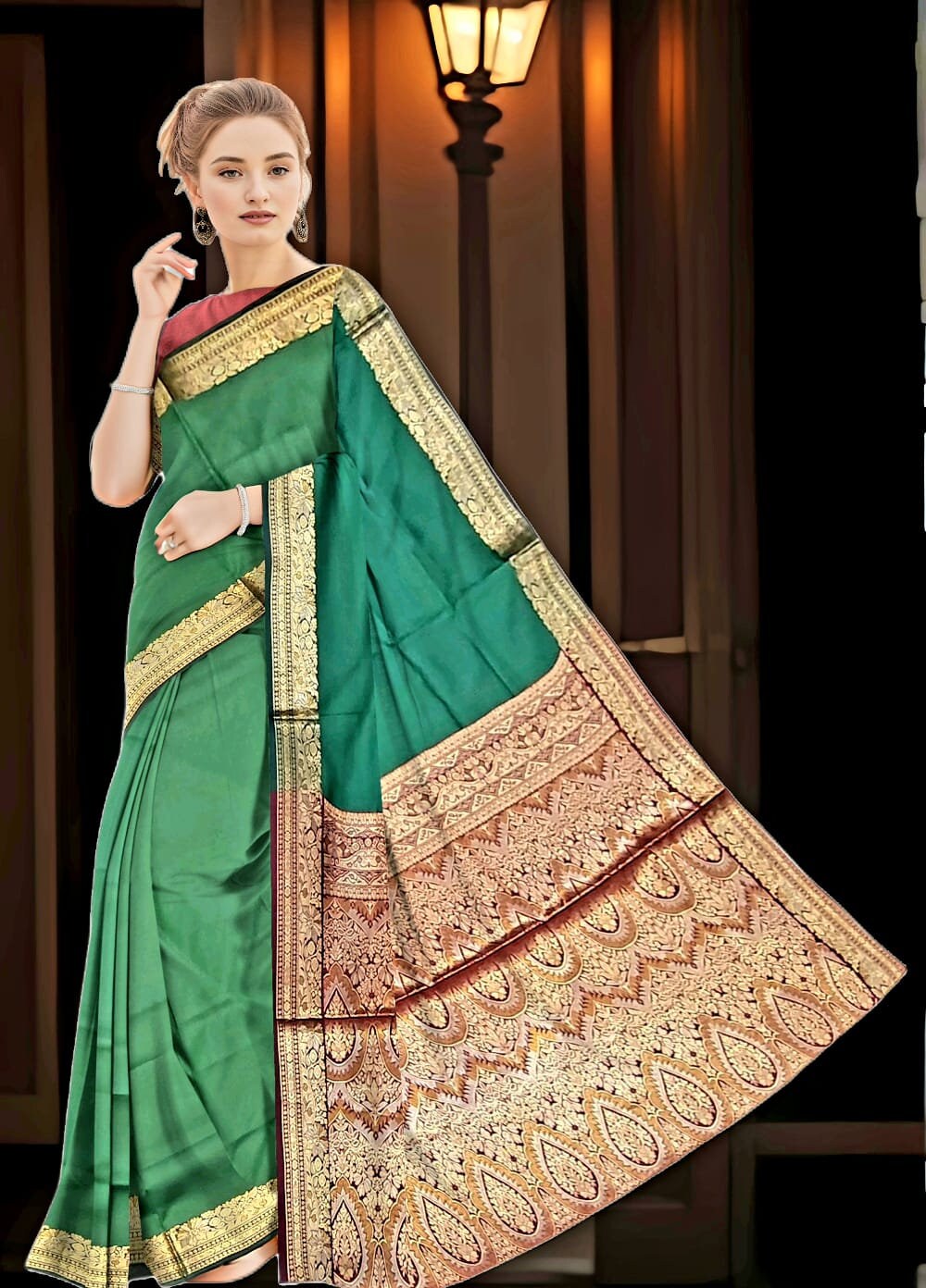 Radiant Elegance: Embrace Timeless Beauty with Our Green and Golden Banarasi Silk Saree