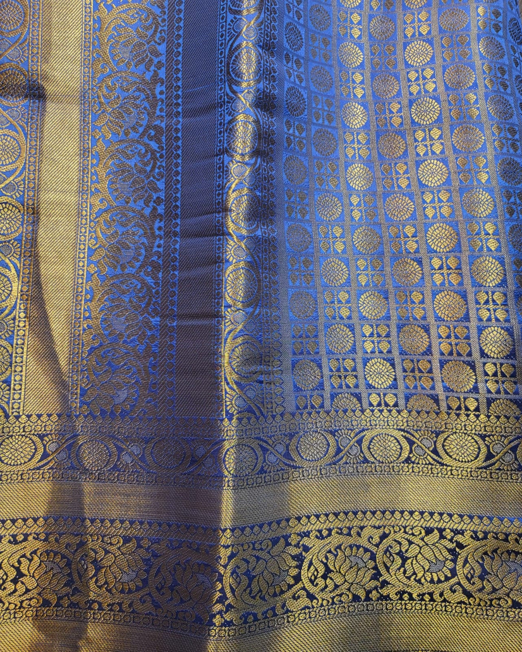 Dual Shade Blue & Golden Banarasi Brocade Saree . This elegant Sari is handmade and authentic . Perfect for weddings and celebrations