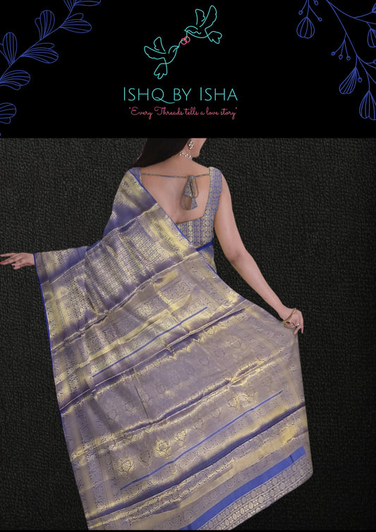 Dual Shade Blue & Golden Banarasi Brocade Saree . This elegant Sari is handmade and authentic . Perfect for weddings and celebrations