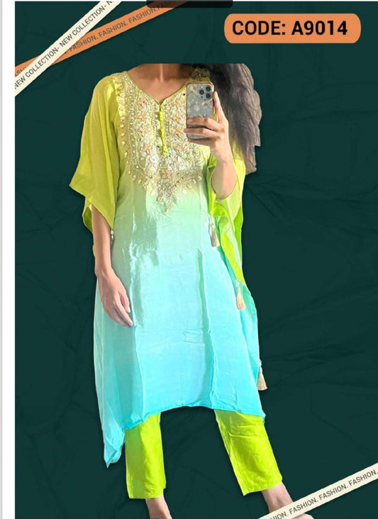 Vibrant Sea Blue & Sea green Kaftan set comes with cream pants