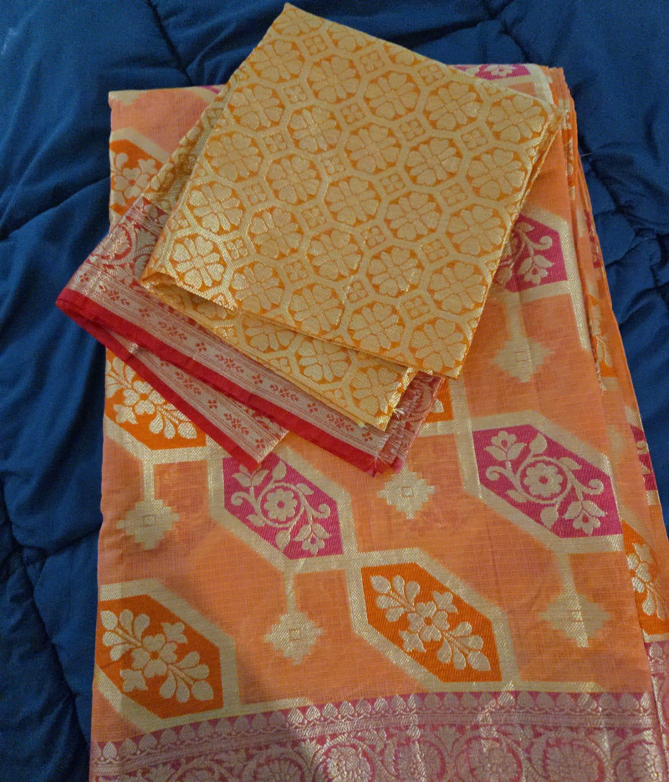Handwoven Orange Kota Banarasi Saree | Festive & Wedding Wear | Zari Work with Matching Blouse piece Fall and pico done