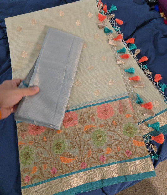 Elegant cream/ off-white Organza Saree with Multicolour Embroidery – Festive & Wedding Wear