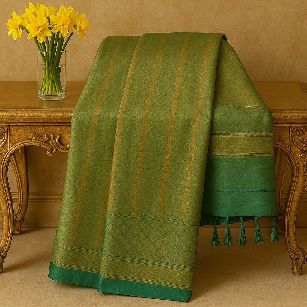 Exquisite green Katan Silk Banarasi Saree Handwoven Elegance. Fall and Pico done