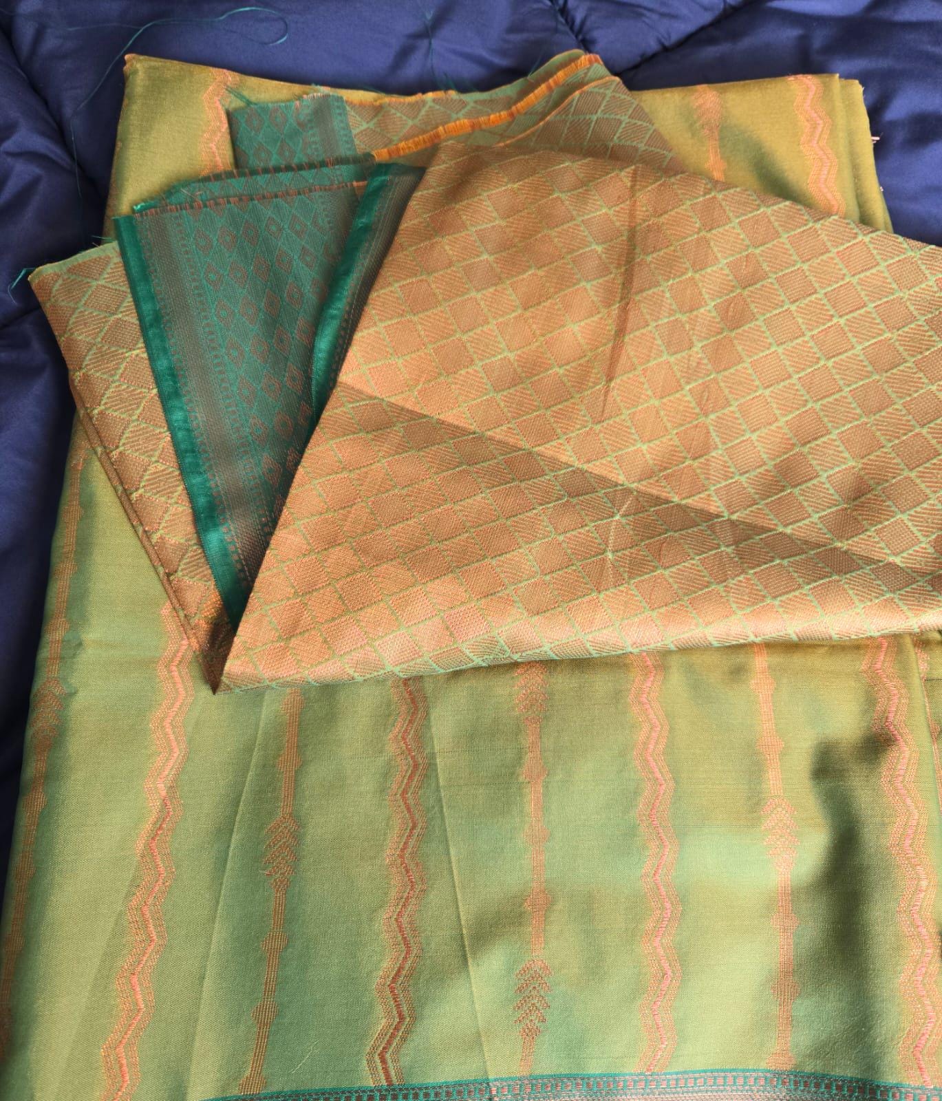 Exquisite green Katan Silk Banarasi Saree Handwoven Elegance. Fall and Pico done