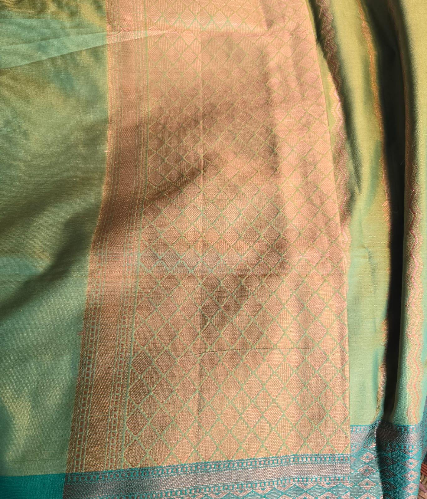 Exquisite green Katan Silk Banarasi Saree Handwoven Elegance. Fall and Pico done