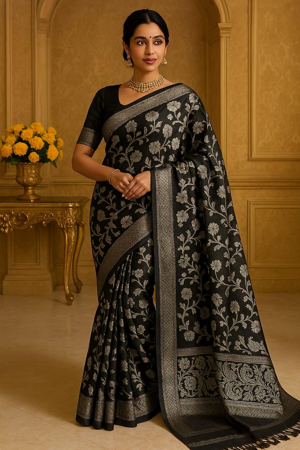 Royal Black Bliss: Kosa Silk Saree