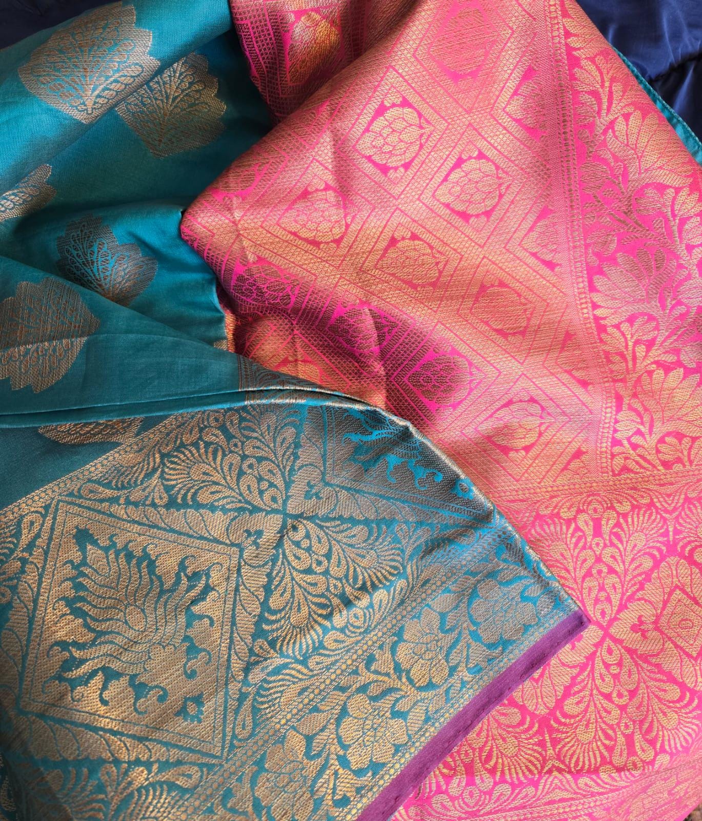 Exquisite Green and pink Banarasi Saree Handwoven Elegance. Fall and Pico done