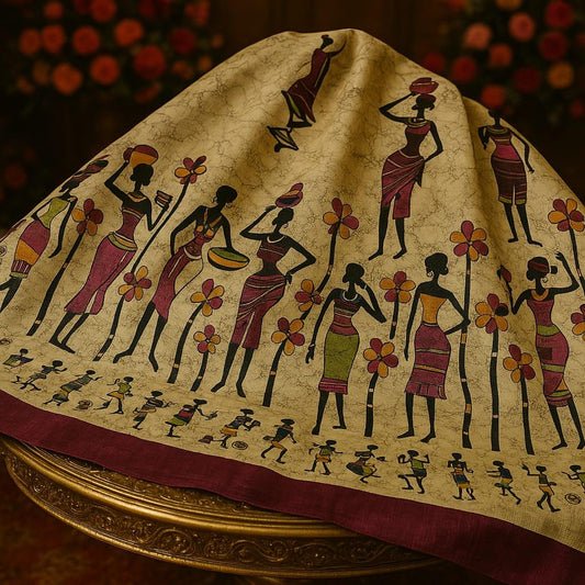 Tribal Art Print Fabric | African-Inspired Beige silk Blend | Ethnic Women saree