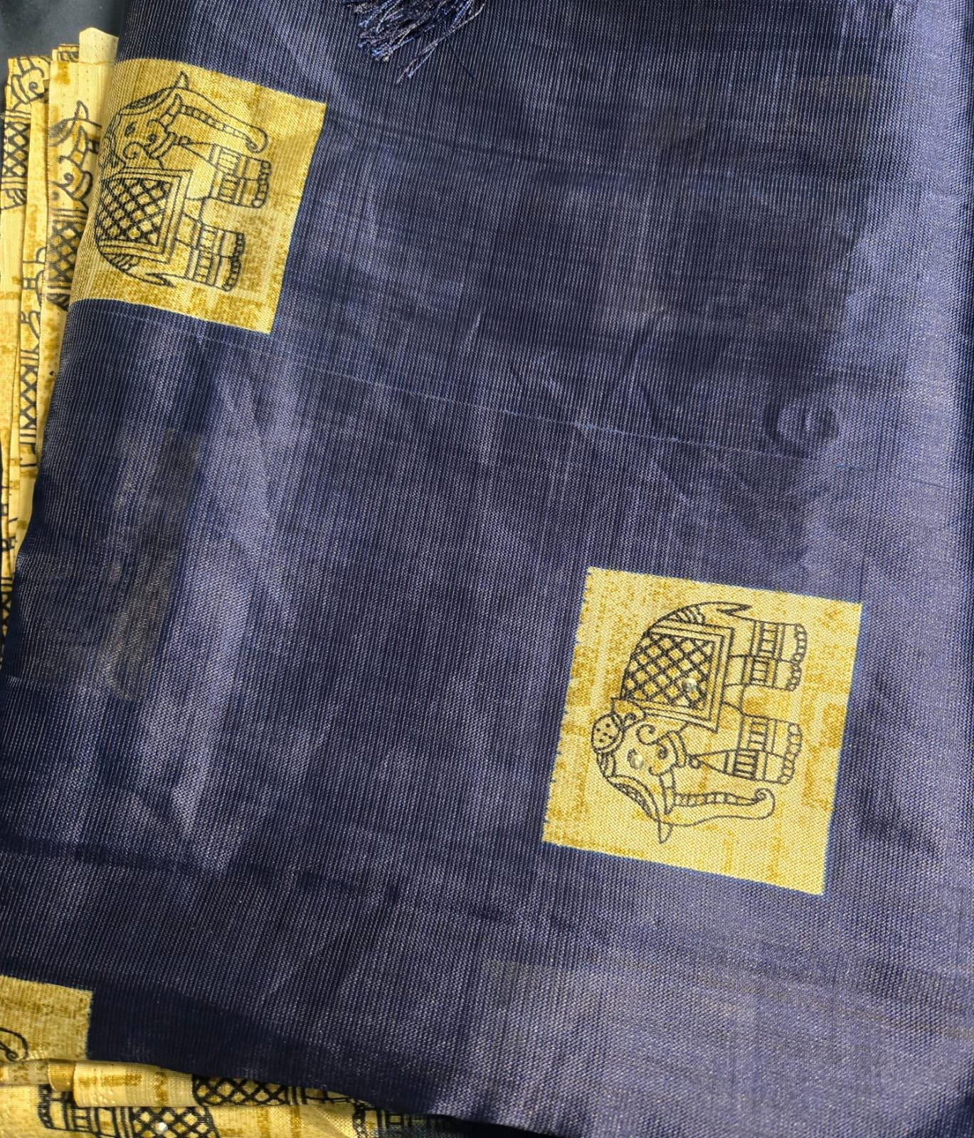 Navy Blue Soft Silk Saree with Golden Elephant Motif | Elegant Temple Border | Festive & Traditional Wear | Includes Blouse Piece