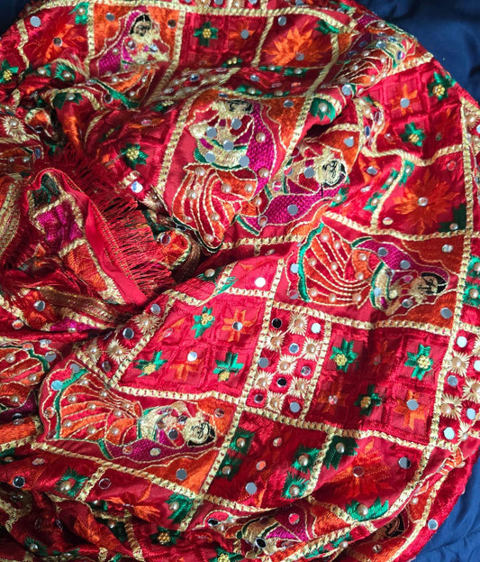 Handmade , Handwoven , Elegant vibrant & Authentic Multicolour Phulkari Dupatta / Indian Scarf. Hand embroidered . Pink orange red