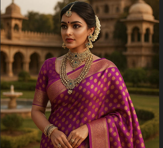 Pink and golden Banarasi Brocade Saree . This elegant Sari is handmade and authentic . Perfect for weddings and celebrations
