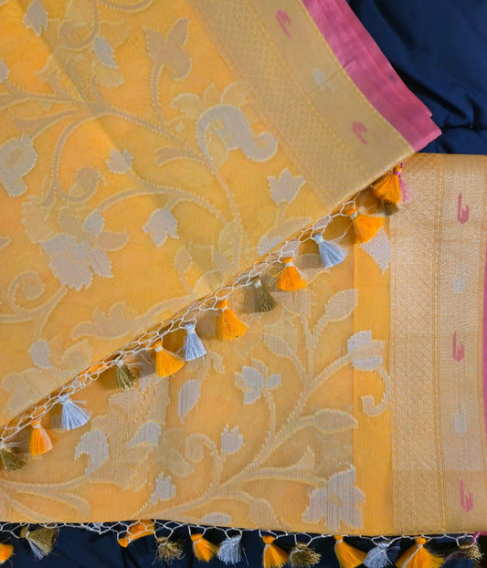 Elegant Yellow Organza Saree – Lightweight & Festive Wear