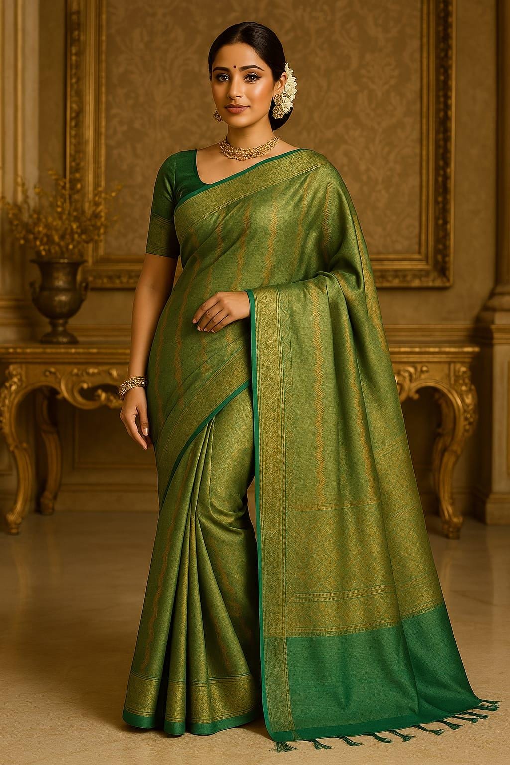 Exquisite green Katan Silk Banarasi Saree Handwoven Elegance. Fall and Pico done