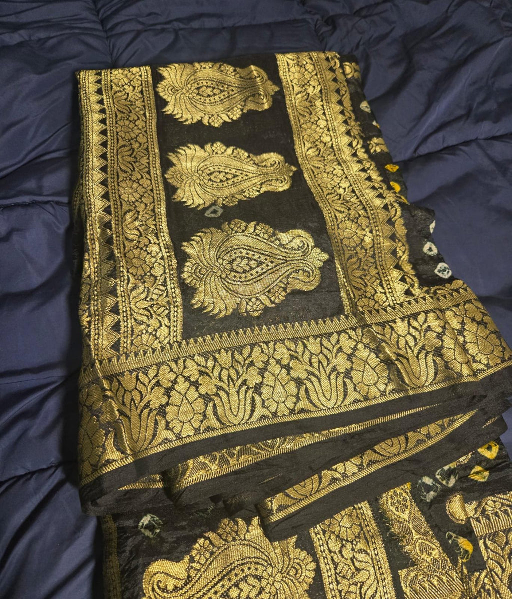 Black Gharchola Saree | Bandhani Silk Saree with Zari