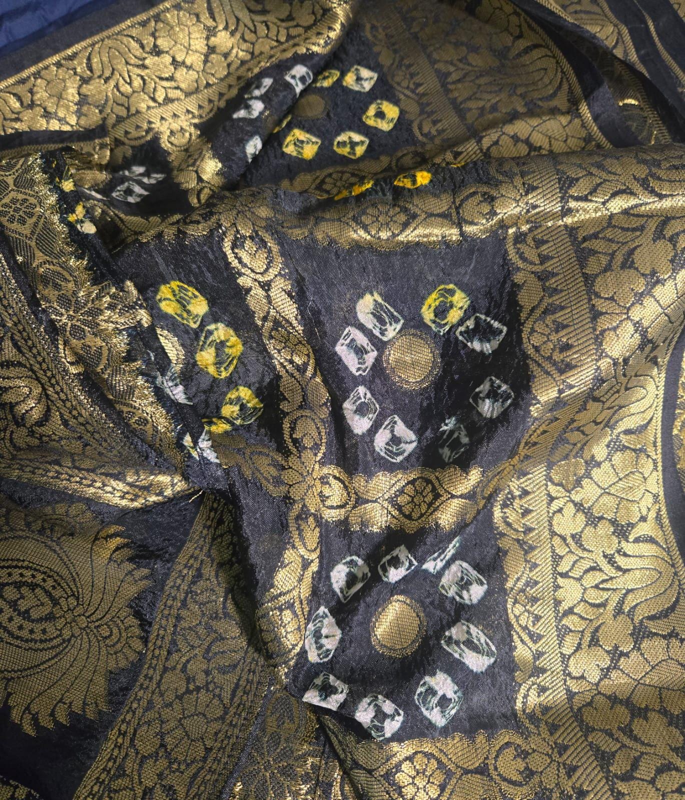 Black Gharchola Saree | Bandhani Silk Saree with Zari