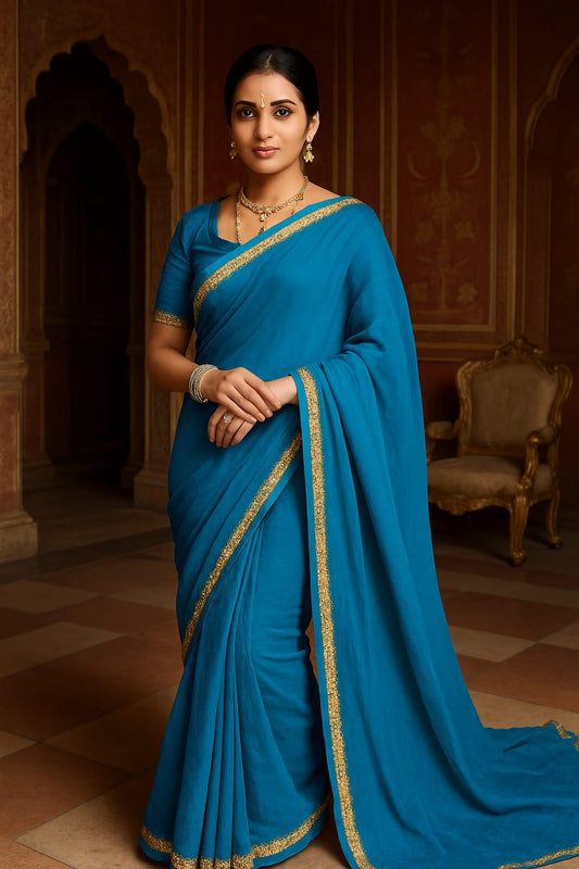 Elegant Blue Georgette Plain Saree with Delicate Border | Lightweight Festive Wear | Indian Ethnic Saree with matching satin petticoat