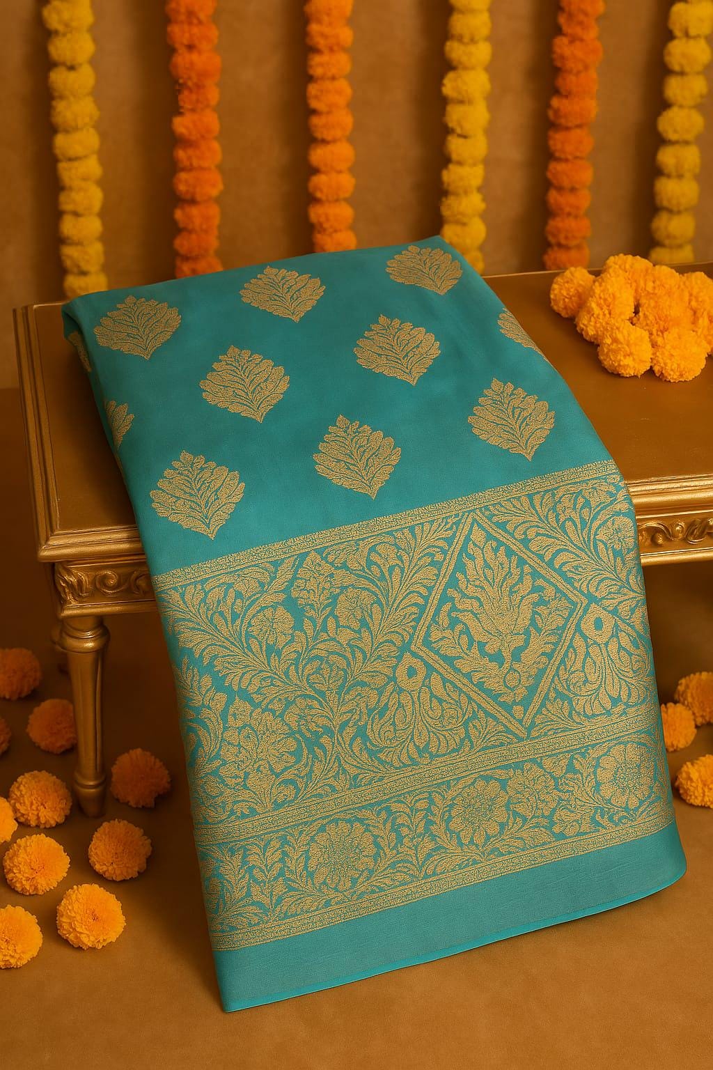 Exquisite Green and pink Banarasi Saree Handwoven Elegance. Fall and Pico done