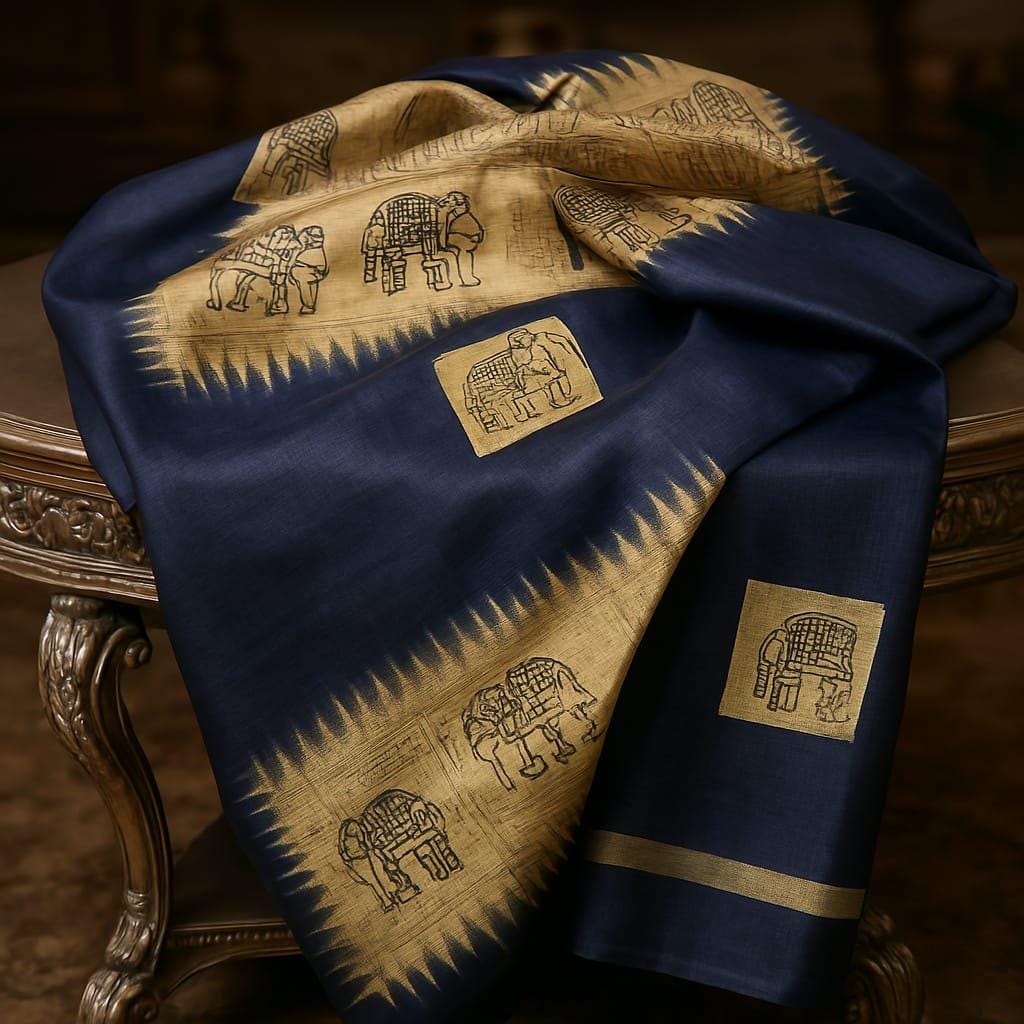 Navy Blue Soft Silk Saree with Golden Elephant Motif | Elegant Temple Border | Festive & Traditional Wear | Includes Blouse Piece