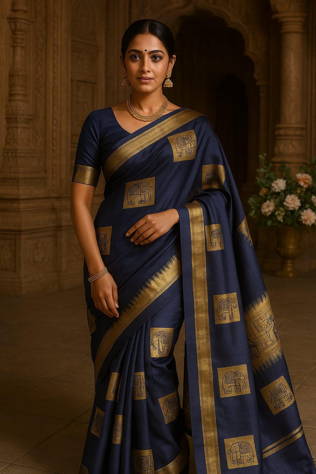 Navy Blue Soft Silk Saree with Golden Elephant Motif | Elegant Temple Border | Festive & Traditional Wear | Includes Blouse Piece