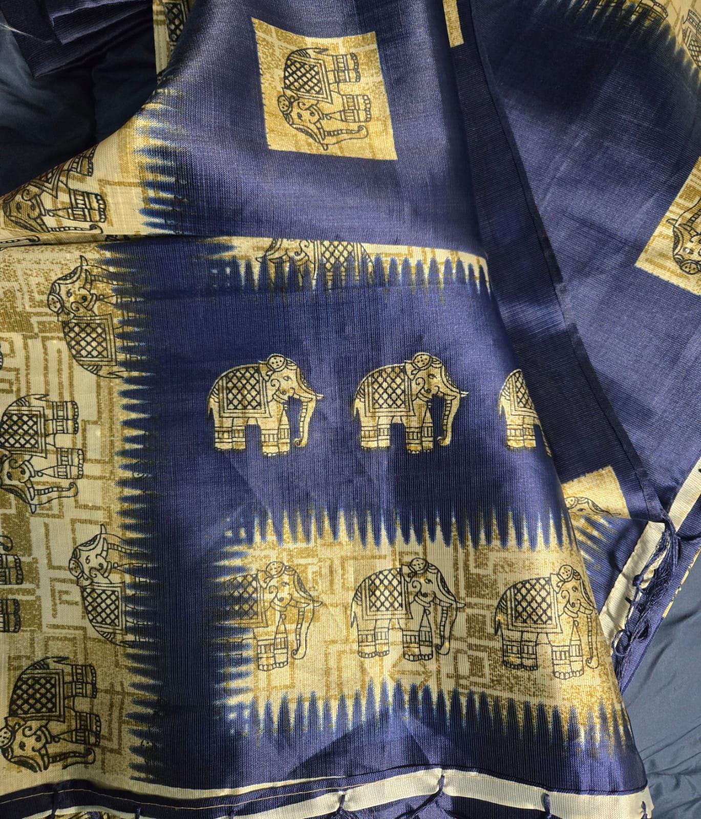 Navy Blue Soft Silk Saree with Golden Elephant Motif | Elegant Temple Border | Festive & Traditional Wear | Includes Blouse Piece